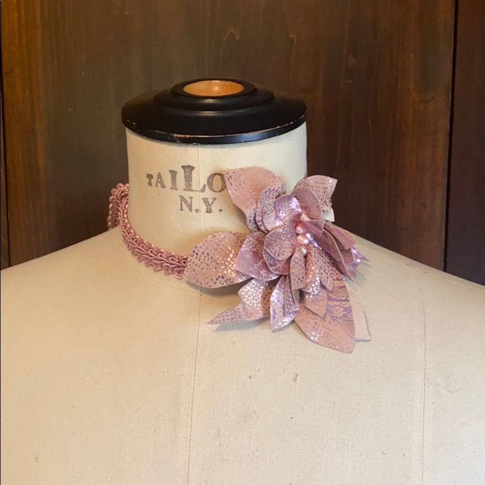 Handmade printed leather flowers with pearls